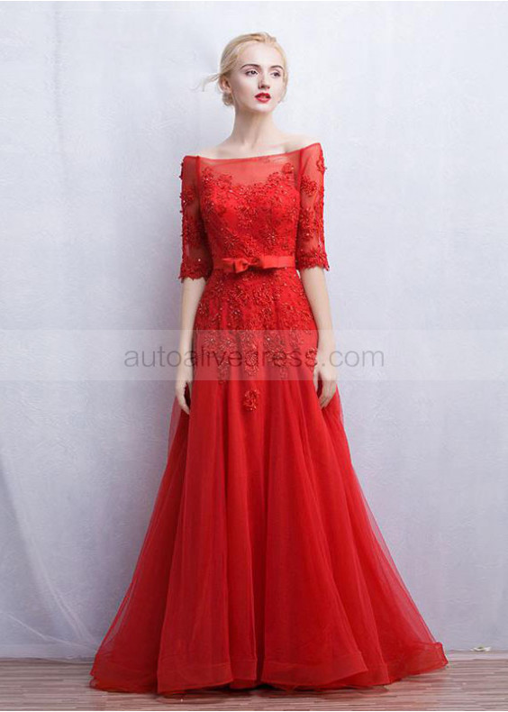 Off Shoulder Beaded Red Lace Tulle Charming Evening Dress